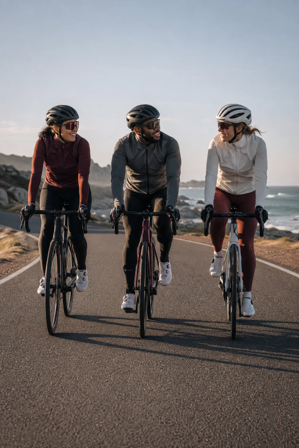 Friends riding together on an open coastal road